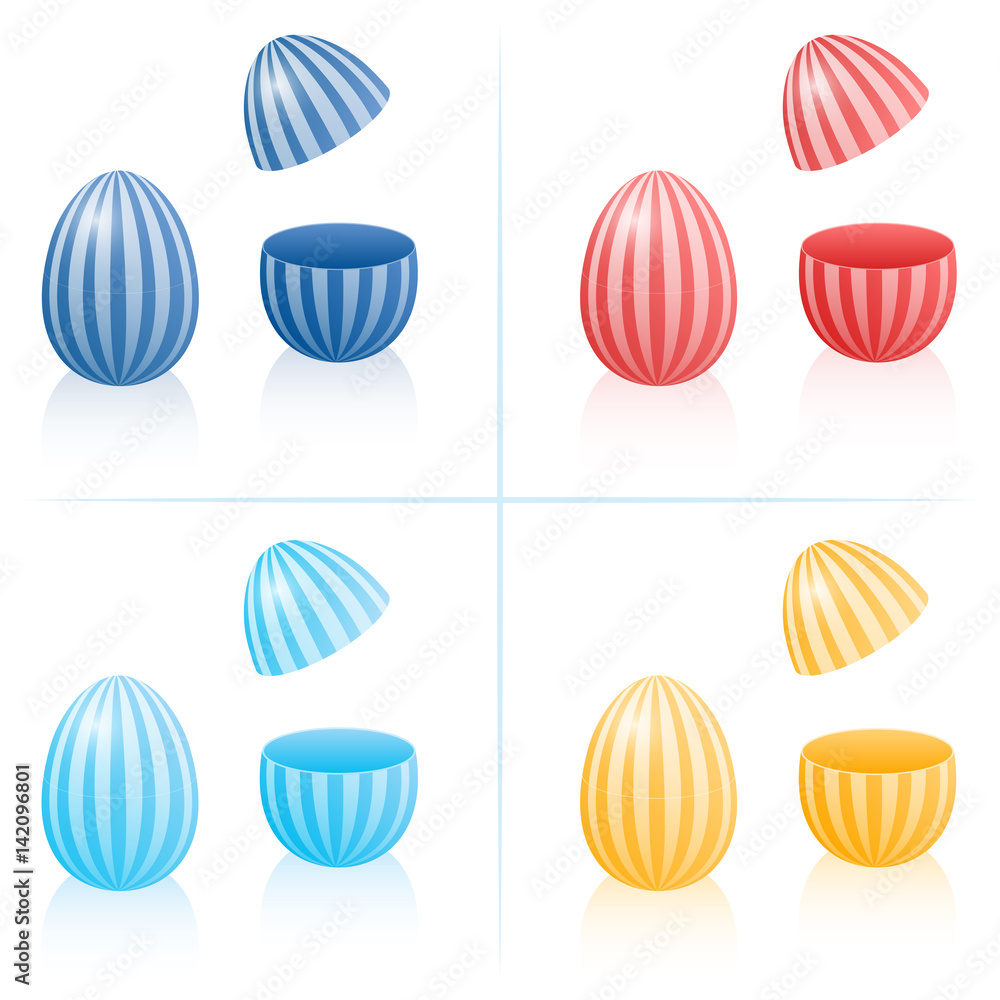 Easter egg fillable boxes with stripes, closed and opened to be filled - in four different colors. Three-dimensional isolated vector illustration on white background.