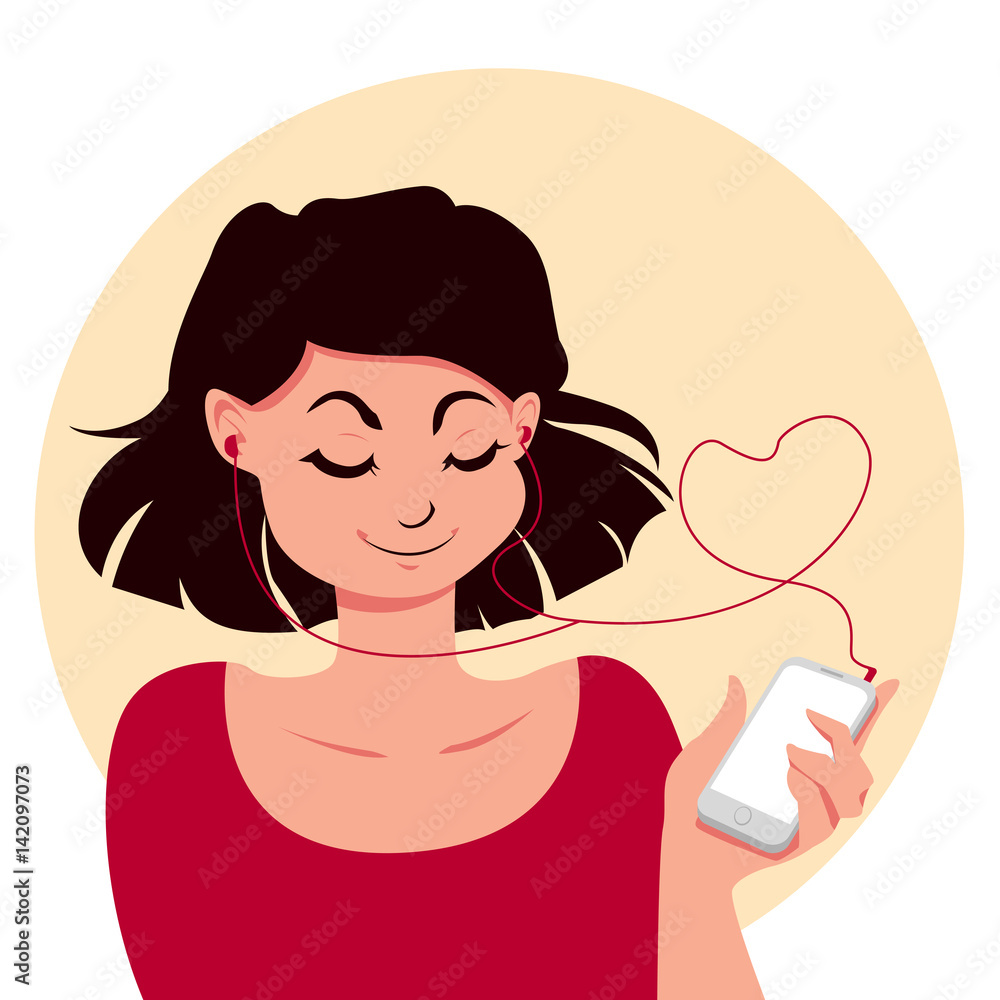 девушка слушает музыку через наушники