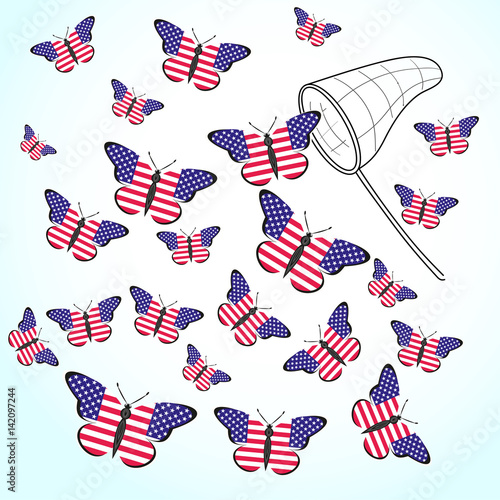 Butterflies with the flag of USA and landing net