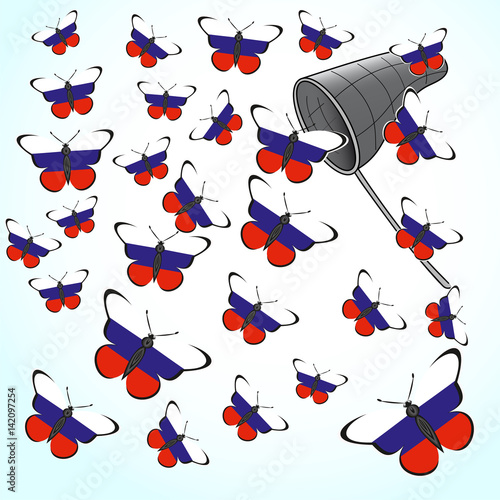 Butterflies with the flag of Russia and landing net