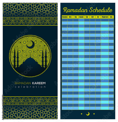 Ramadan Calendar Schedule - Fasting, Iftar and Prayer time table Guide. Front and back side. Translation: Holy Ramadan. Morning, Sunrise, Noon, Afternoon, Evening, Night