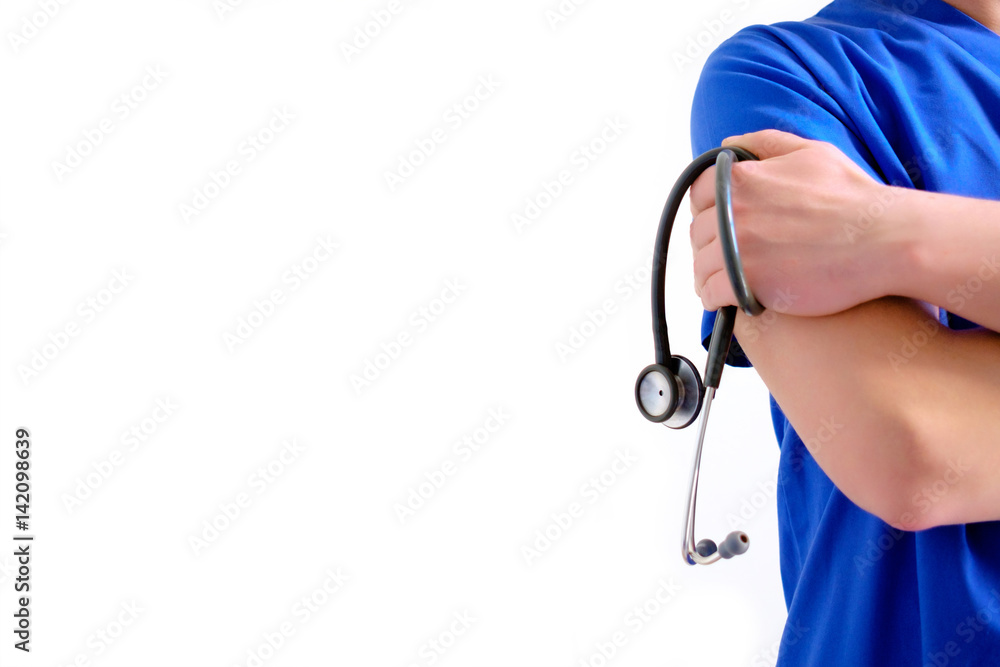 Doctor holds a stethoscope. White background. Doctor holds a stethoscope. White background.