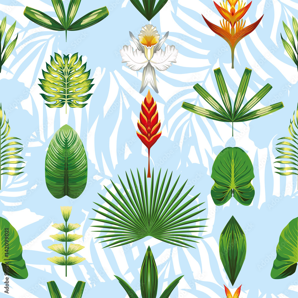 Seamless symmetric tropical flowers and leaves light blue white background