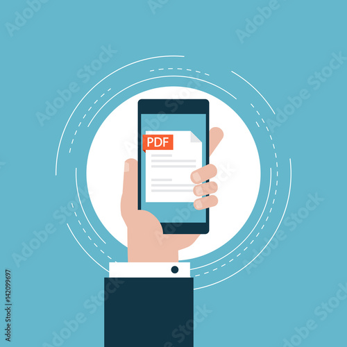 PDF file on smartphone screen flat vector illustration design. View, read, download PDF file on phone and mobile devices. Icon design for web banners and apps