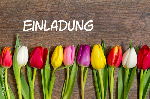 Tulpen auf Holzhintergrund: Einladung