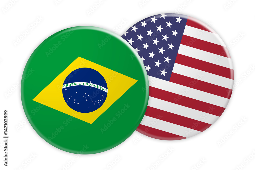 Fototapeta premium News Concept: Brazil Flag Button On USA Flag Button, 3d illustration on white background
