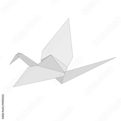 Isolated figure of japanese crane folded from white paper in origami style on white background