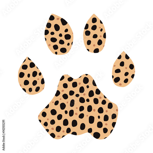 Isolated footprint of cheetah with skin print on white background.