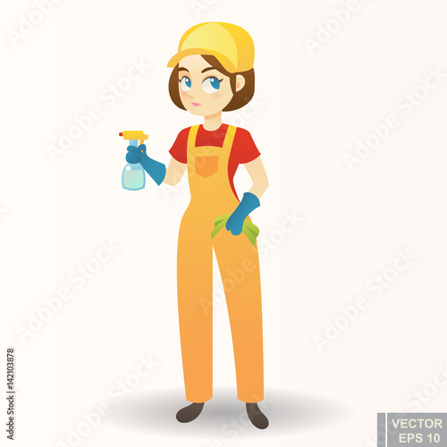 Illustration of a cute cartoon Girl Providing Housecleaning Service
