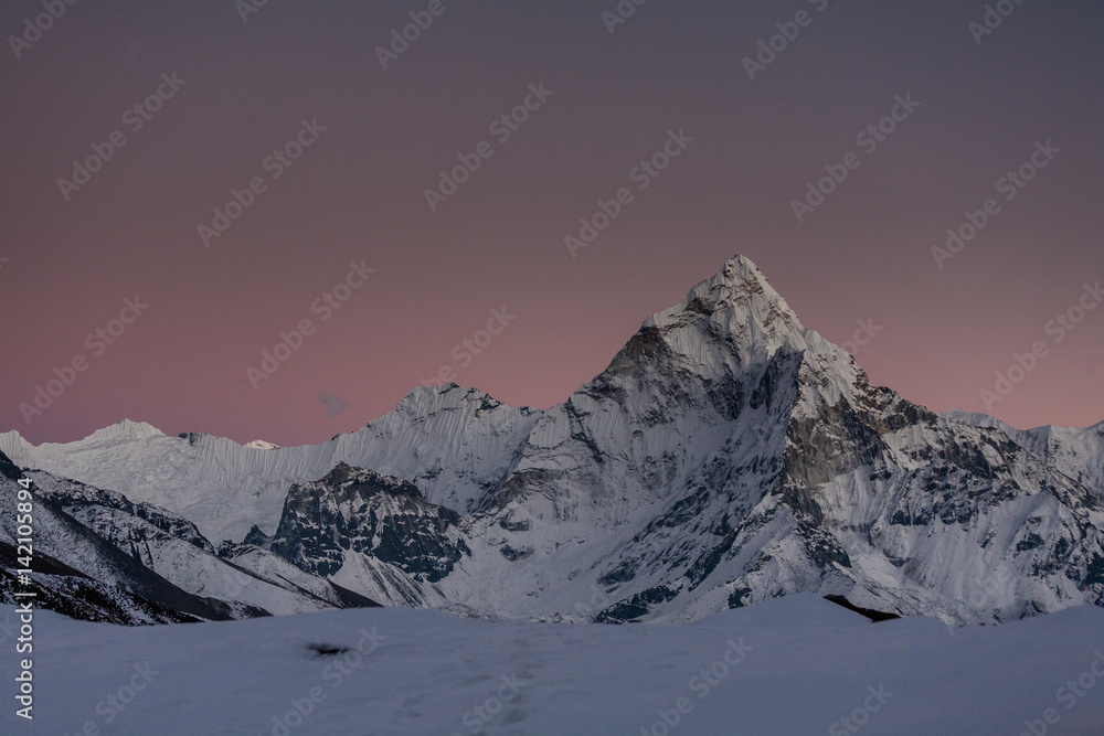 Amadablam peak at sunset in Khumbu valley in Nepal, Himalayas