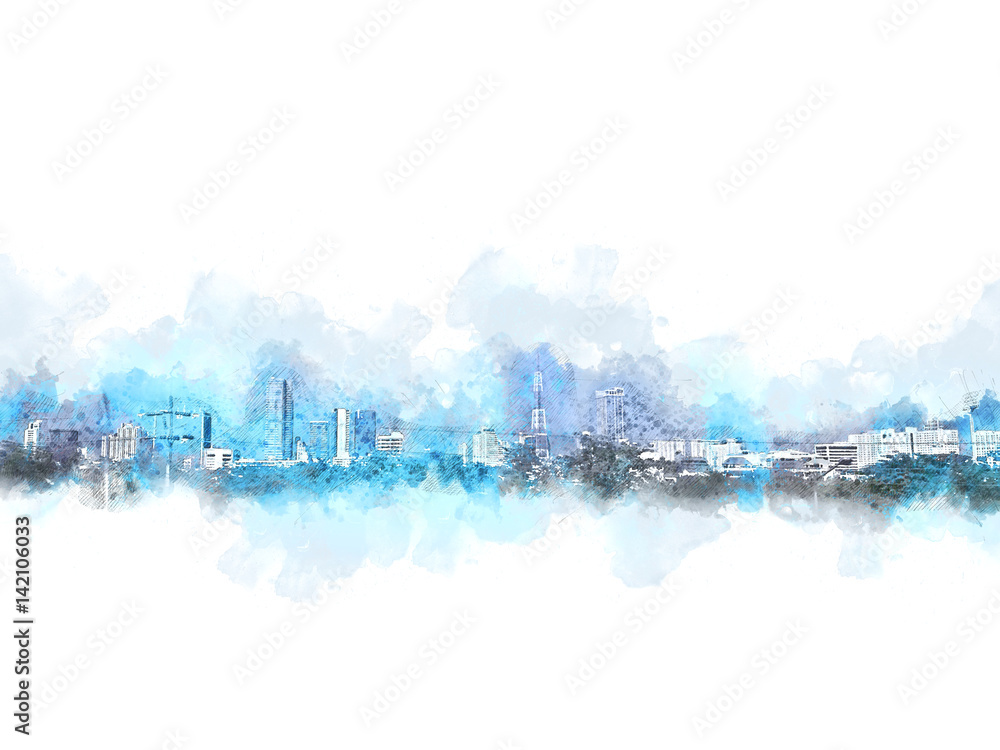Building on watercolor background. City on watercolor background, Watercolor painting