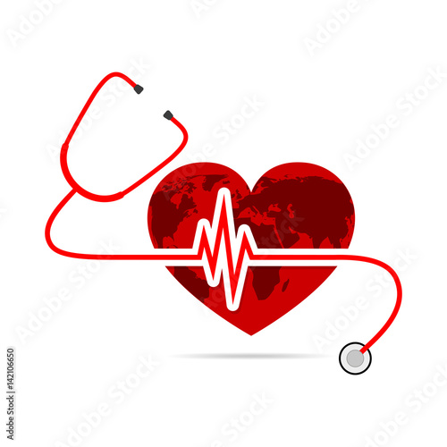 Globe Earth with stethoscope and Heartbeat sign. Vector Illustration