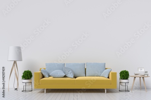 White living room interior with Yellow fabric sofa ,lamp and plants on empty white wall background.3d rendering © Vanit่jan