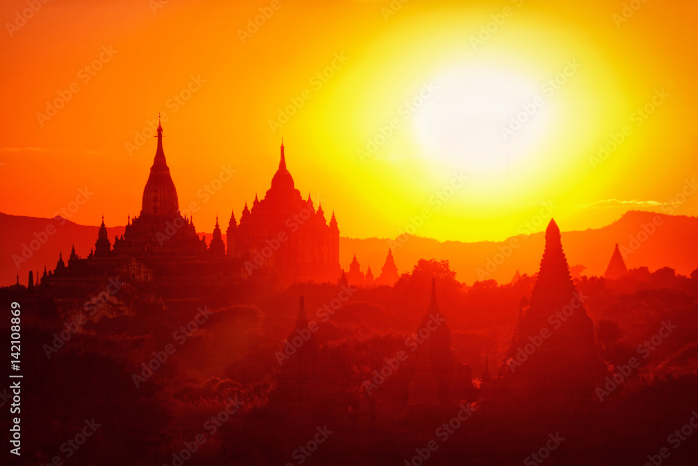 One of the largest architectural complexes in Asia - Bagan in Burma (Myanmar) at sunset
