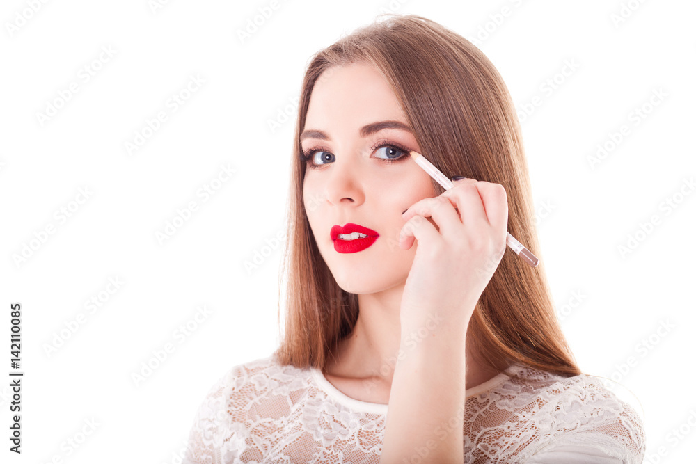 Beautiful girl model, combs hair, beauty, makeup isolate on white background Beautiful girl model, combs hair, beauty, makeup isolate on white background
