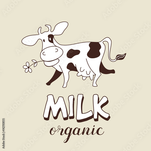 Funny cow. Vector illustration. Milk and milk products emblem.