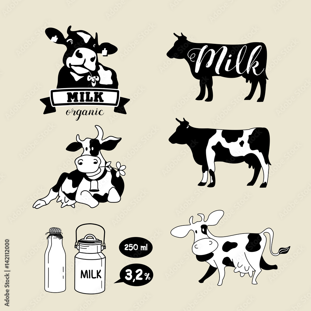 Obraz premium Set cow and milk labels, emblems and design elements.