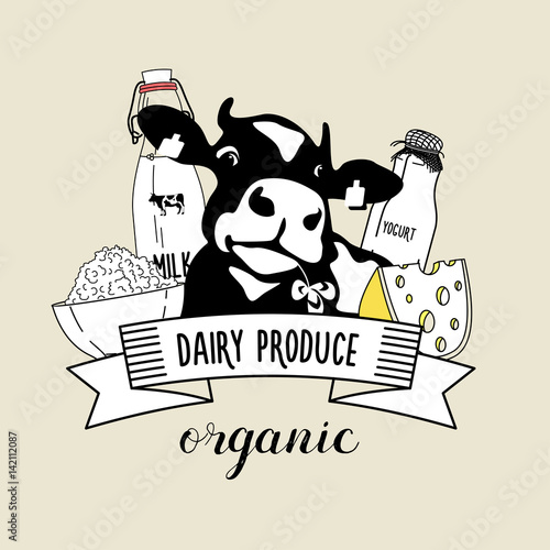 Vector emblem of the cow and dairy products.