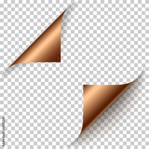 Vector realistic bronze foil paper corners set with soft shadow on transparent background. 3D page corner curled. Blank sheet of paper. Design element.