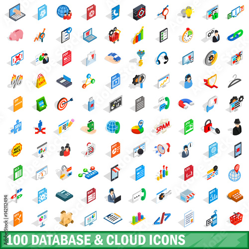 100 database and cloud icons set, isometric style