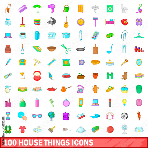 100 house things icons set, cartoon style