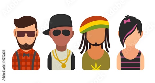 Set icon different subcultures people. Hipster, raper, emo, rastafarian.