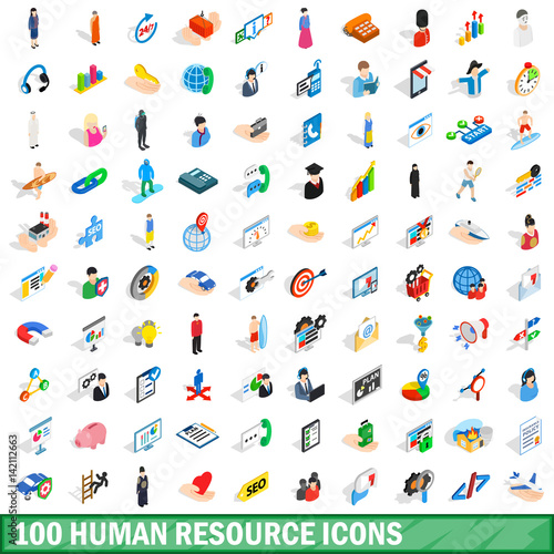 100 human resource icons set, isometric 3d style
