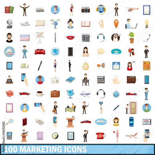 100 marketing icons set, cartoon style