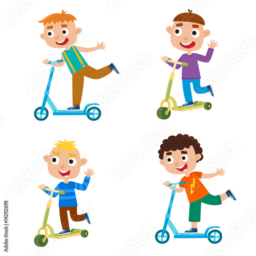 Cute vector illustration of boy on scooter having fun outside
