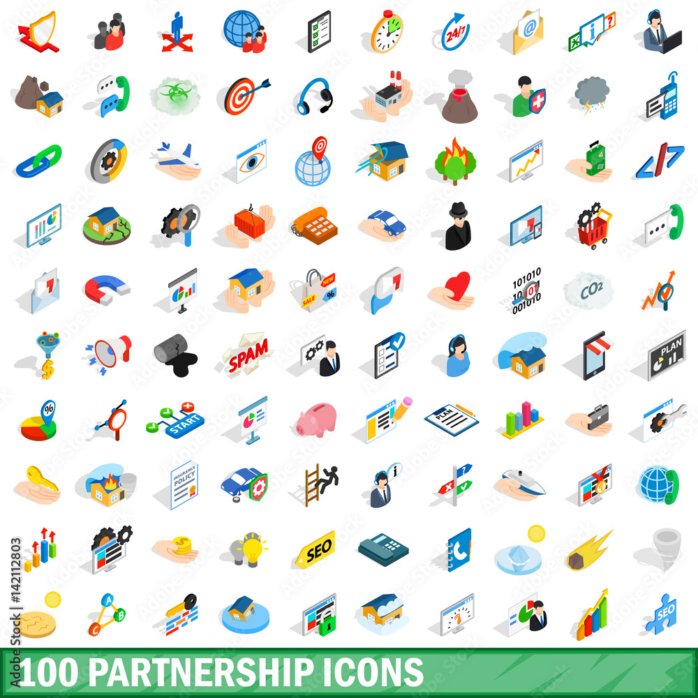 100 partnership icons set, isometric 3d style 100 partnership icons set, isometric 3d style