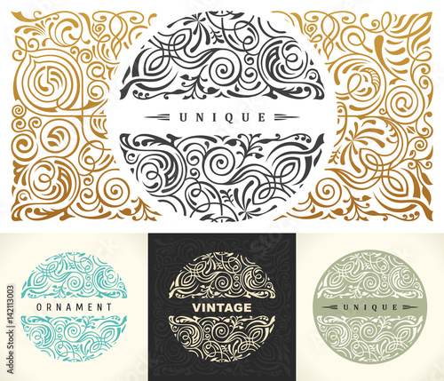 Round gold calligraphic royal emblem set. Vector floral symbol for cafe, restaurant, shop, print, stamp