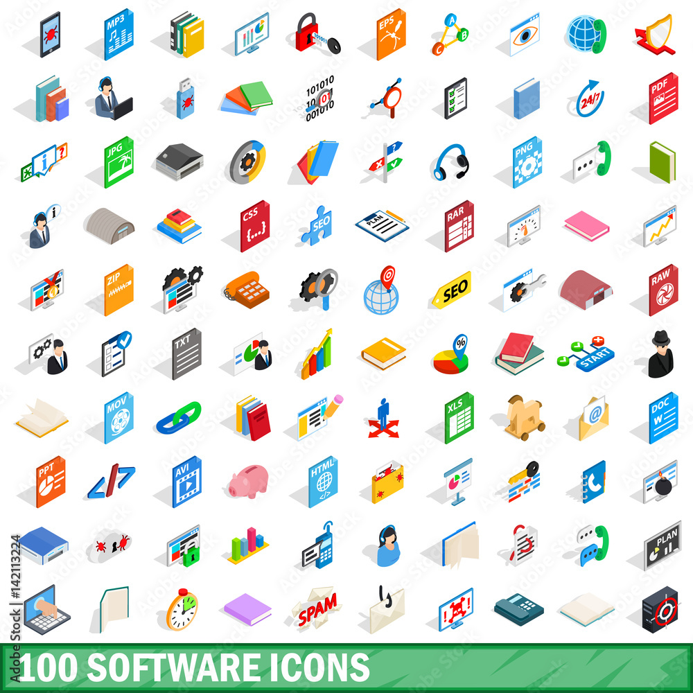 100 software icons set, isometric 3d style 100 software icons set, isometric 3d style