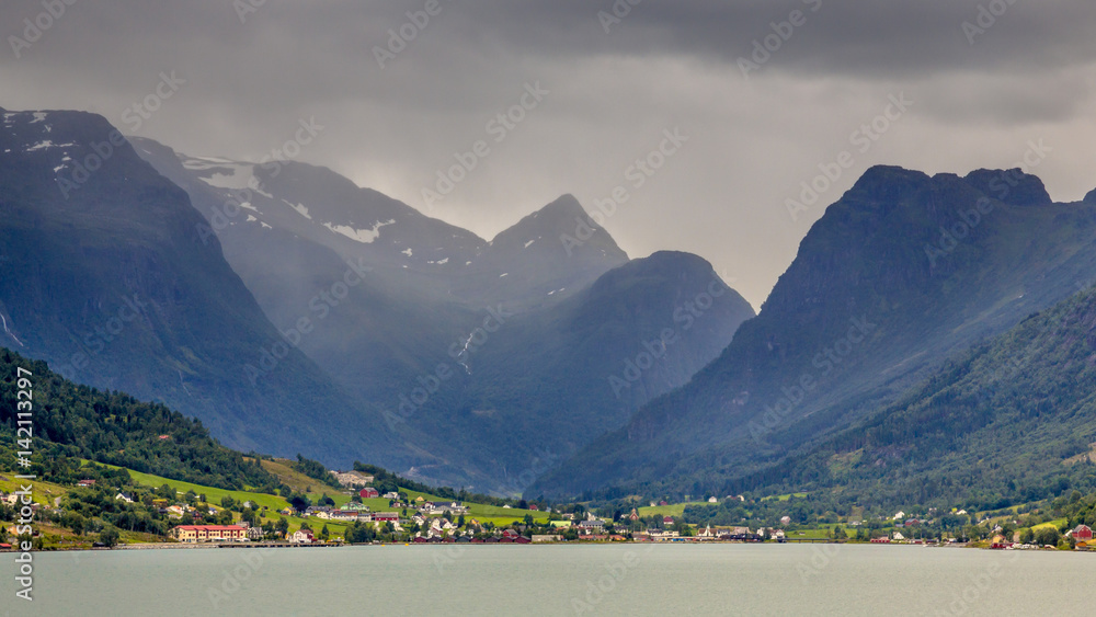 Obraz premium Landscape View of Olden village in Briksdalsbreen Glacial valley