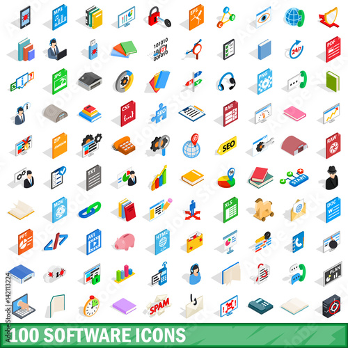 100 software icons set, isometric 3d style