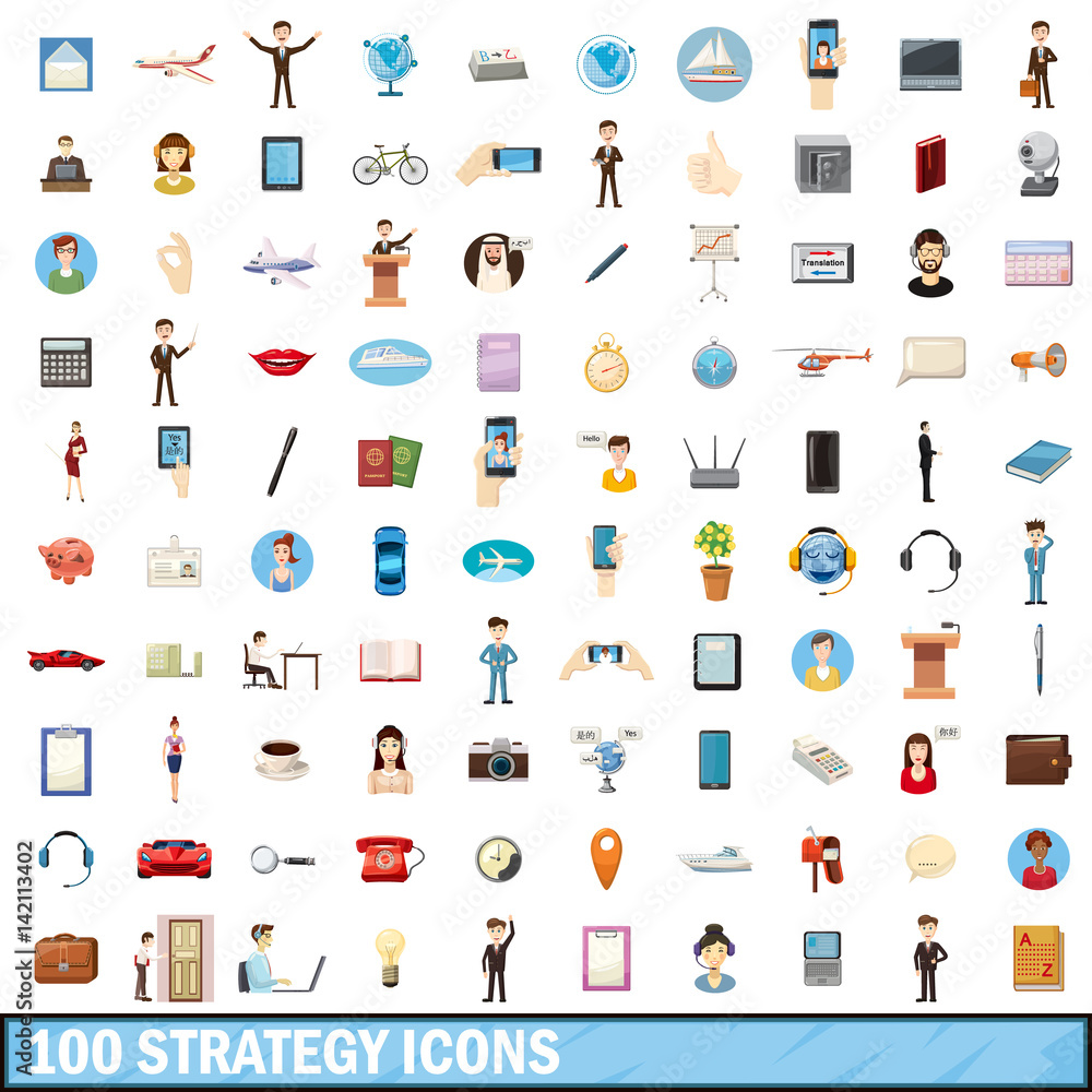 100 strategy icons set, cartoon style 100 strategy icons set, cartoon style
