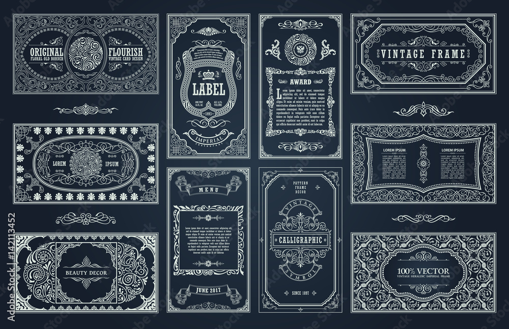 Vintage set retro cards. Template greeting card wedding invitation. Line calligraphic frames