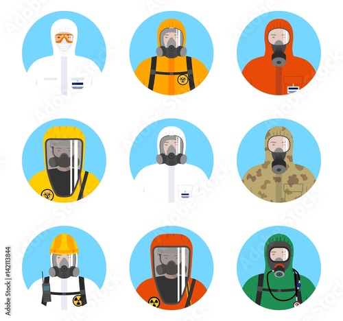 Chemical industry icons set. Different worker people in protective suits in flat style isolated on blue background. Dangerous profession. Vector illustration.
