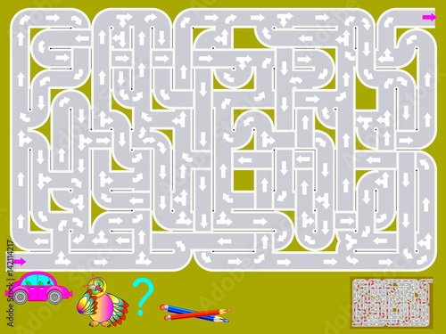 Logic puzzle game with labyrinth. Need to draw the way for car from start till end. Vector image.