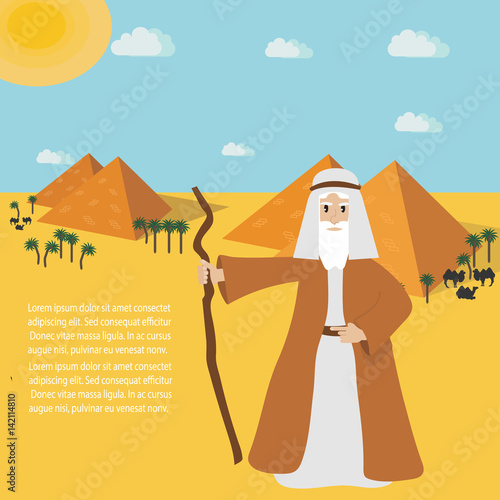 Moses from Passover story and Egypt landscape . vector illustration.  Place for text. 