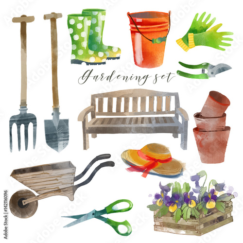 Gardening. Watercolor set.