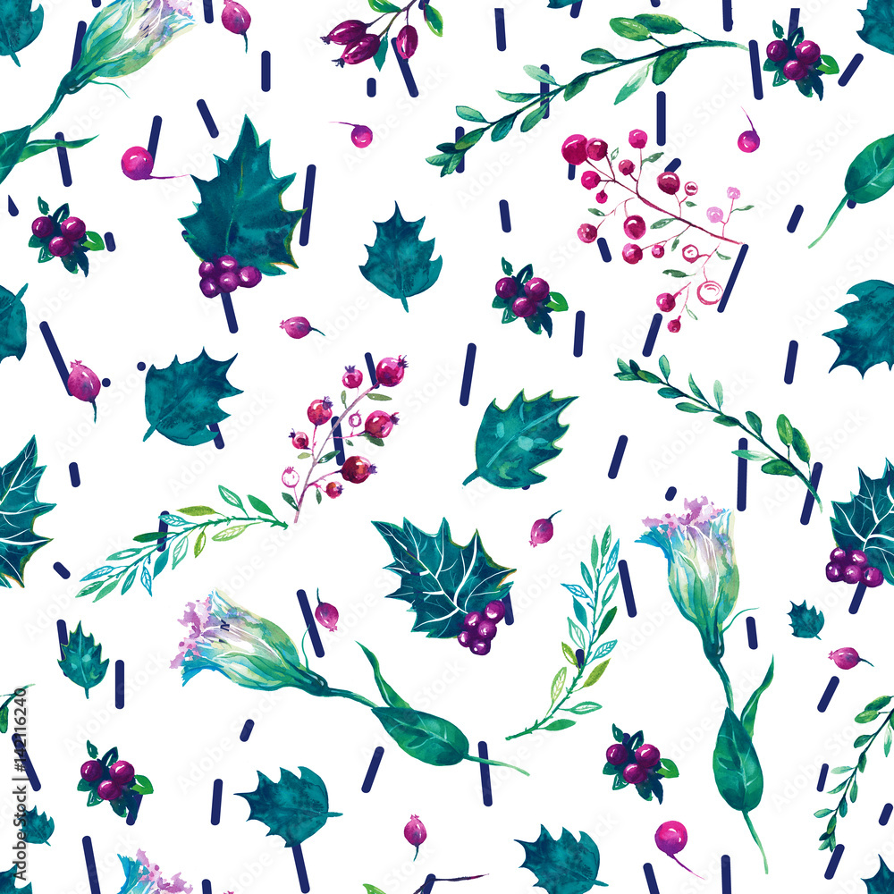 Fototapeta premium leaves and flowers seamless pattern. Hand painted illustration on geometric background