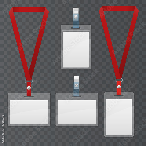 Set of lanyard and badge. Template Plastic Badge Identification Set Can Be Used for Presentation, Company or Office. Empty Mock Up. Realistic vector illustration.