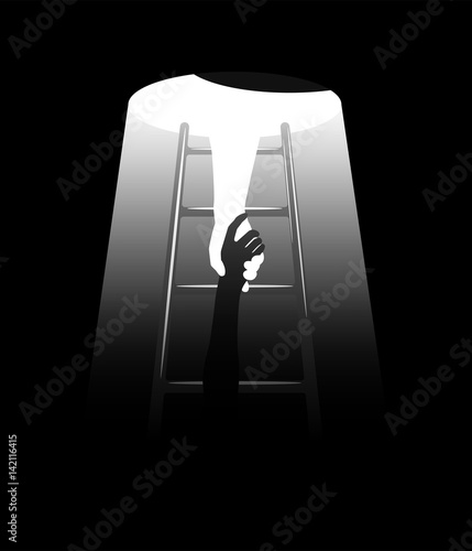 Social issue solving, psychological therapy and support, minimalist concept. Strong bright human hand helping another weak and dark hand of a troubled person to get out through the open manhole.