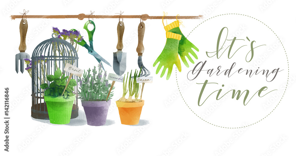 Gardening. Watercolor set. Gardening. Watercolor set.