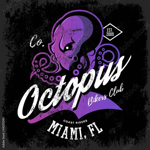 Vintage American furious octopus bikers club tee print vector design isolated on dark background.  Premium quality wild cephalopod mollusk logo concept illustration.