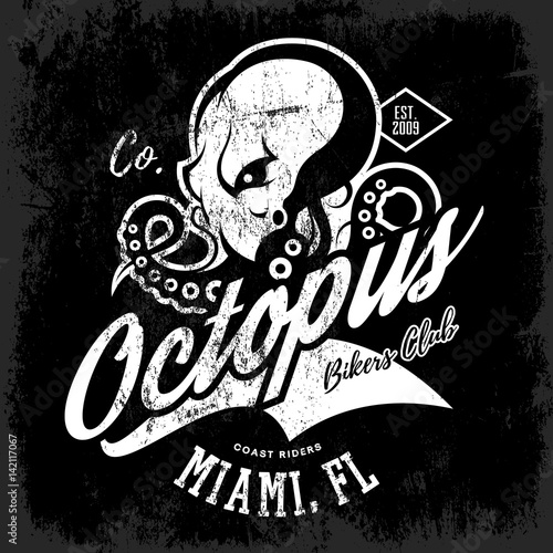 Vintage American furious octopus bikers club mono tee print vector design isolated on dark background. Premium quality wild cephalopod mollusk superior logo concept illustration.