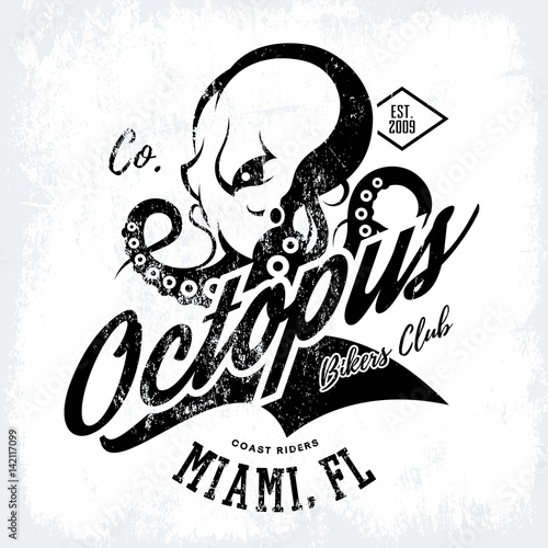 Vintage American furious octopus bikers club mono tee print vector design isolated on white background. Premium quality wild cephalopod mollusk superior logo concept illustration.