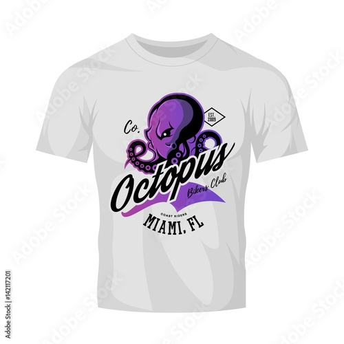 Vintage American furious octopus bikers club tee print vector design isolated on white t-shirt mockup.Premium quality wild cephalopod mollusk superior logo concept illustration.
