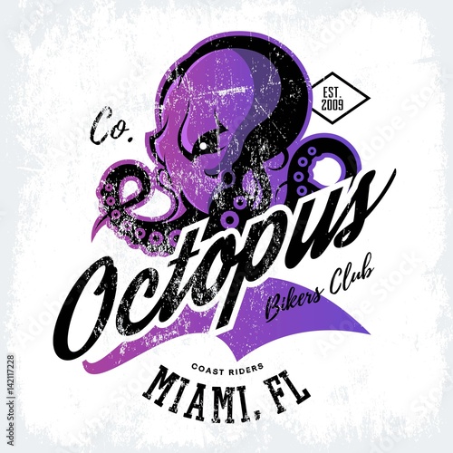 Vintage American furious octopus bikers club tee print vector design isolated on white background.  Premium quality wild cephalopod mollusk superior logo concept illustration.