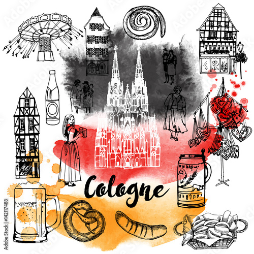 Vector set of Cologne landmark. Hand drawing sketches